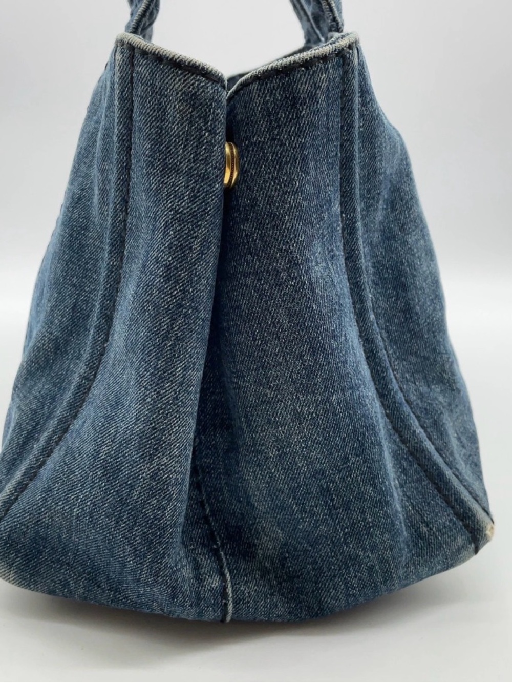 Prada Canapa Triangle Logo Denim Tote Bag Blue Canvas Handbag Small - Picture 7 of 16